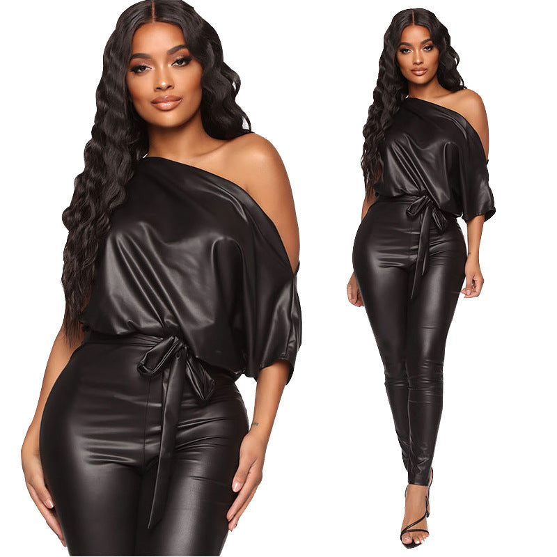 Leggings and strapless leather jumpsuits