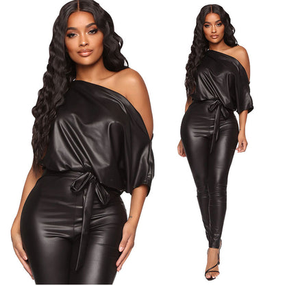 Leggings and strapless leather jumpsuits