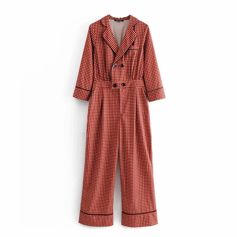 Loose Western Style Double-breasted Fashion Printed Jumpsuit Women