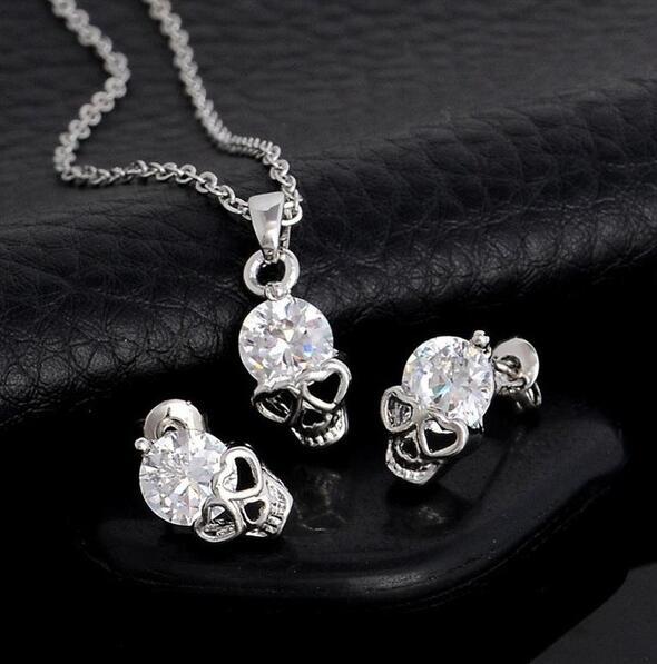 New Fashion Gold color Skull Women Jewelry Sets Crystal Earrings Pendant Necklace Set