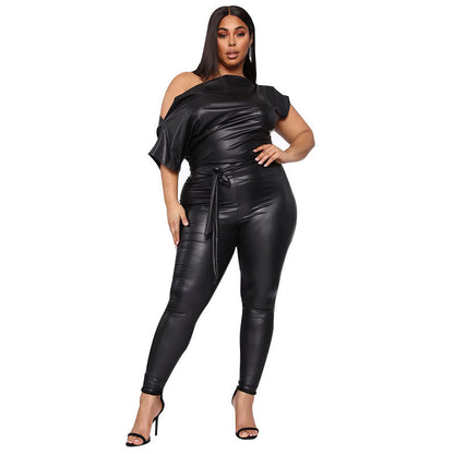 Leggings and strapless leather jumpsuits