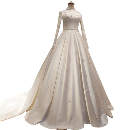 Women's Fashion Temperament Satin Stand-up Collar Long-sleeved Wedding Dresses