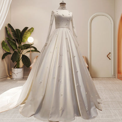 Women's Fashion Temperament Satin Stand-up Collar Long-sleeved Wedding Dresses