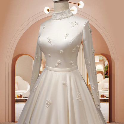 Women's Fashion Temperament Satin Stand-up Collar Long-sleeved Wedding Dresses