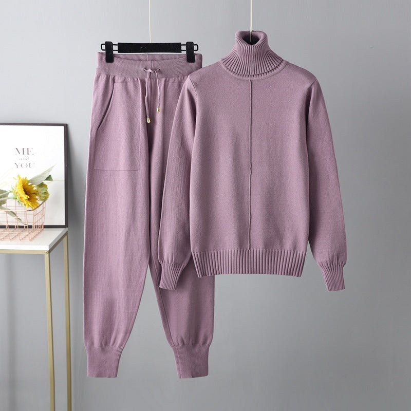 Casual Fashion Set autumn And Winter Cross-border Amazon European And American Turtleneck Solid Color Sweaters Two-piece Set