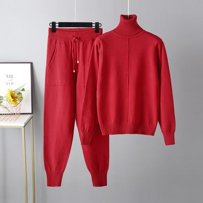 Casual Fashion Set autumn And Winter Cross-border Amazon European And American Turtleneck Solid Color Sweaters Two-piece Set